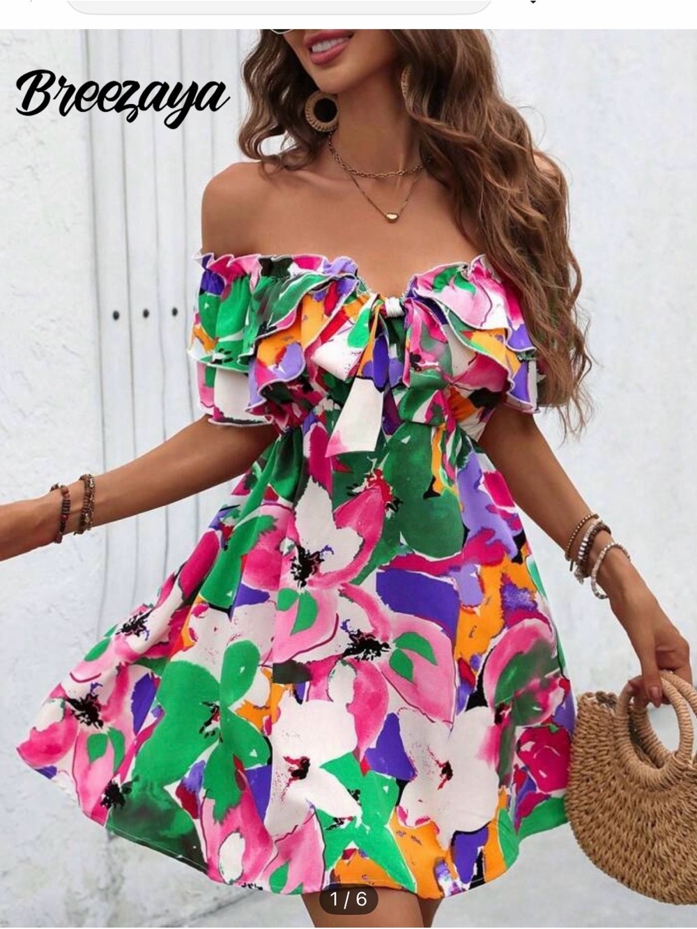 Off-Shoulder Floral Mini Dress in Multicolor